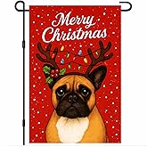 BlissYard Christmas Garden Flag 12x18 Inch Welcome French Bulldog Dog Outdoor Flag Double Sided Holiday Puppy Yard Banner with Antlers and Holly for Porch Lawn Patio