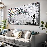 Colorful Graffiti Wall Art Funny Butterfly Paintings Banksy Street Art Mural Pop Art Home Office Wall Decor Framed Canvas Wall Decor for Living Room Ready to Hang - 40x20in