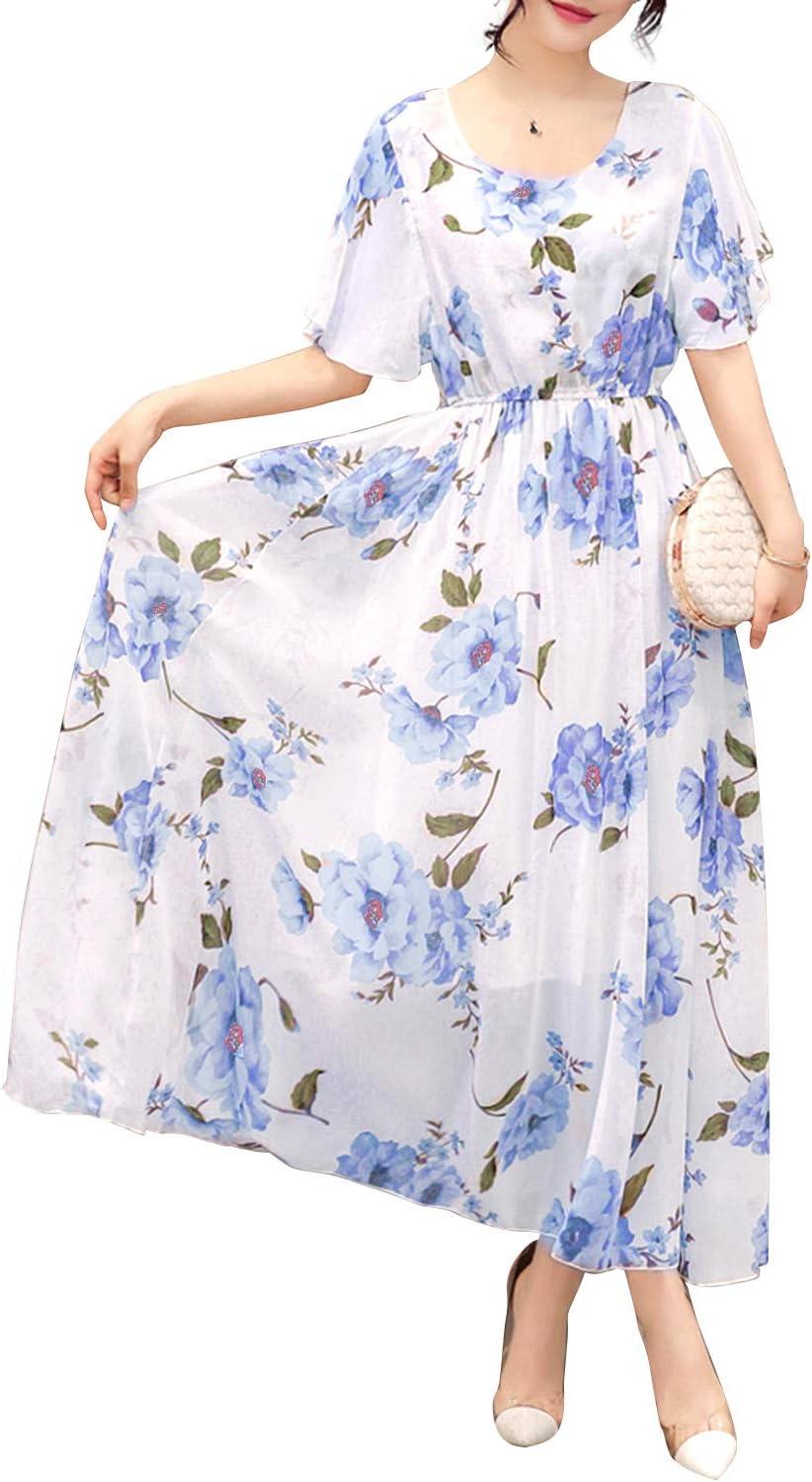 Women's Vintage Round Neck Floral Printed Casual Swing Floral Chiffon Maxi Dress
