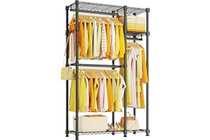 HYSEYY Heavy Duty Clothes Garment Racks: 850LBS Closet Organizer Portable Clothing Racks for Hanging Coat with Shelves Wardrobe Adjustable Freestanding Sturdy Metal Black Double Rods (Black Large)