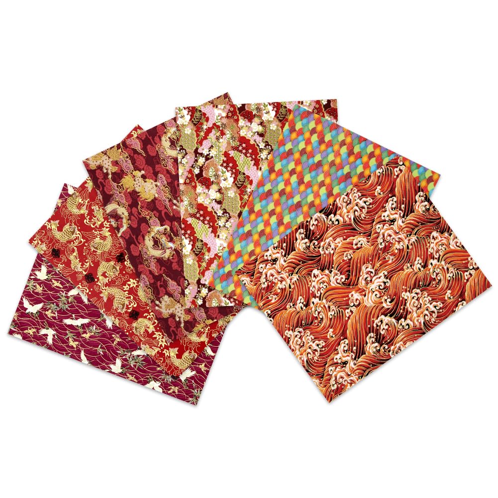 Fat Quarters Fabric Bundles,Oriental Style Fabric 6 PCS,Asian Chinese Japanese Fish Floral Red Crowned Crane Great Wave Dragon Red Fabric Material Squares 50 x 40cm for Sewing Quilting Handwork DIY
