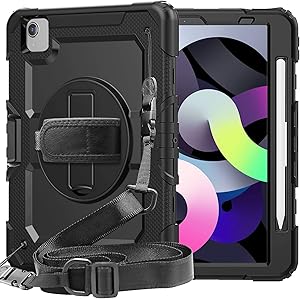 iPad Air 4 Case with Pencil Holder Screen Protector | SIBEITU iPad Air 10.9 Case 2020 Shockproof Heavy Duty | Hard Protective Cover w/ Stand Hand&Shoulder Strap for iPad Pro 11 | Black