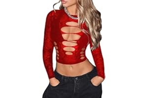 SHENHE Women's Sheer Mesh Top Y2K Long Sleeve Lace Shirt See Through Mock Neck Cutout Rave Tops