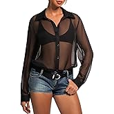 Womens Sheer Mesh Long Sleeve Tops See Through Oversized Button Down Shirts Blouse Going Out Tops