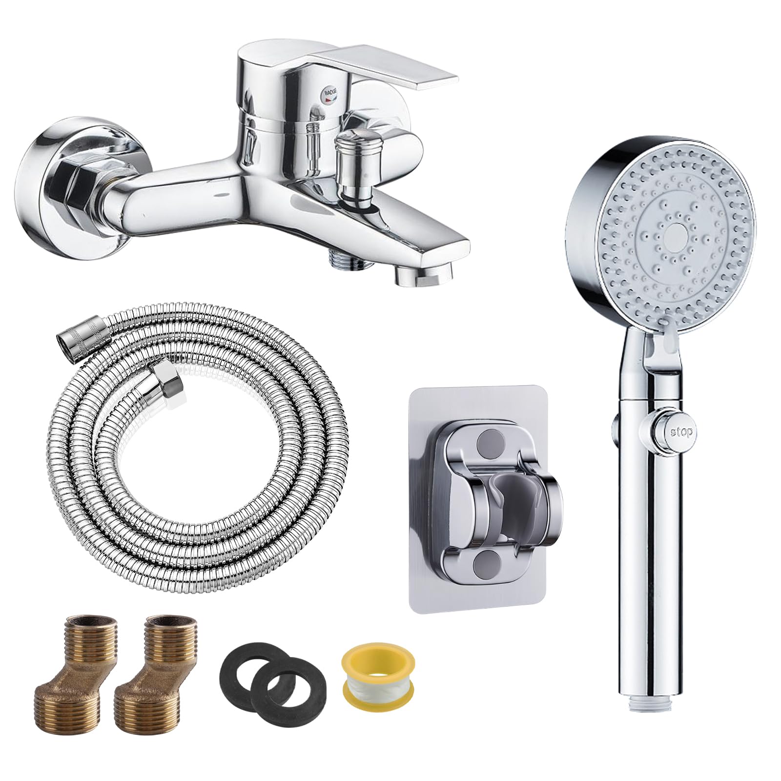 suaywo Shower Mixer Tap Silver Bath Tap with Hand Shower, Includes 1.5 m Stainless Steel Tube and Punch-free Base, Mixer Tap Bathtub Faucet Suitable for Bathroom