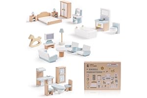 ROBUD Wooden Dollhouse Furniture Set, 23 Pcs Dollhouse Accessories, Miniature Furniture Including 5 Room Kits, Dollhouse Furniture Pretend Play Toys for Boys, Girls & Toddlers, 3+