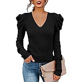 Amarmia Women's Puff Long Sleeve Knit Pullover Sweaters Casual V Neck Ribbed Solid Soft Slim Fit Sweater Blouse Tops