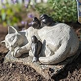 LC LCdecohome Sleeping Cat Garden Statues Outdoor - 12" Sparrows On Cat Figurine Memorial Statue Grave Markers Garden Resin Statues for Outdoor Decor Outdoor Statue Resin 12" x 8" x 4.5"