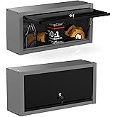 JZD Small Metal Wall Mounted Storage Garage Cabinet with Flip Up Door, Black & Grey