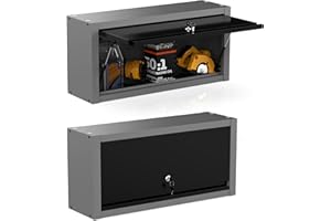 JZD Small Metal Wall Mounted Storage Garage Cabinet with Flip Up Door, Black & Grey