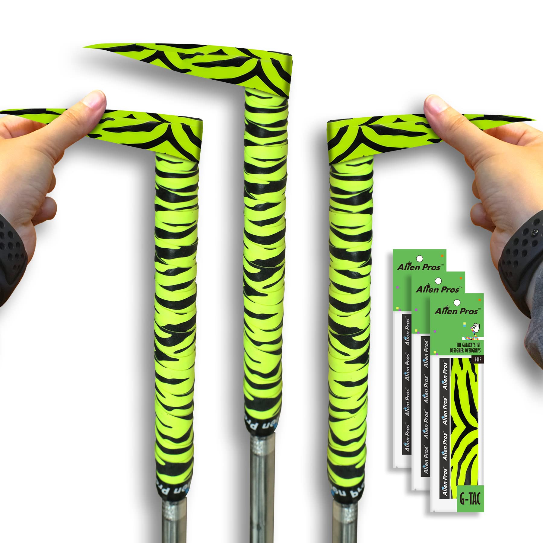 Alien Pros Golf Grip Wrapping Tapes (3-Pack) - Innovative Golf Club Grip Solution - Enjoy a Fresh New Grip Feel in Less Than 1 Minute (3-Pack, Neon Yellow Tiger)
