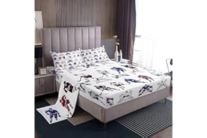 Erosebridal Ice Hockey Bed Sheets Hockey Player Sheet Set Full Kids Sports Game Sheets Winter Sports Puck Event Fitted Flat S