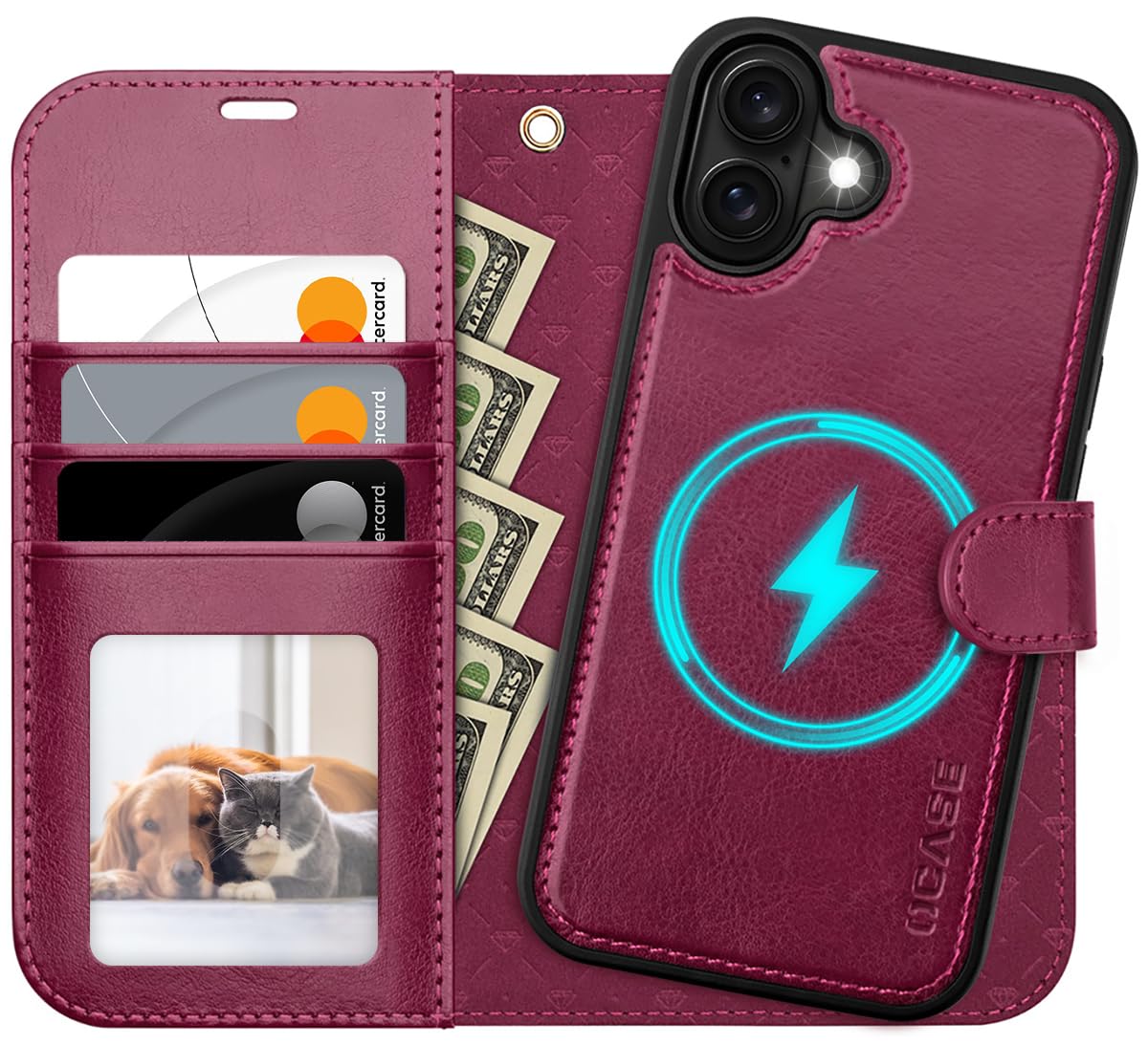 OCASE for iPhone 16 Case, Detachable 2 in 1 PU Leather Wallet Case with RFID Blocking, Wireless Charging, Card Holders, Kickstand, Shockproof Removable Phone Cover, Burgundy