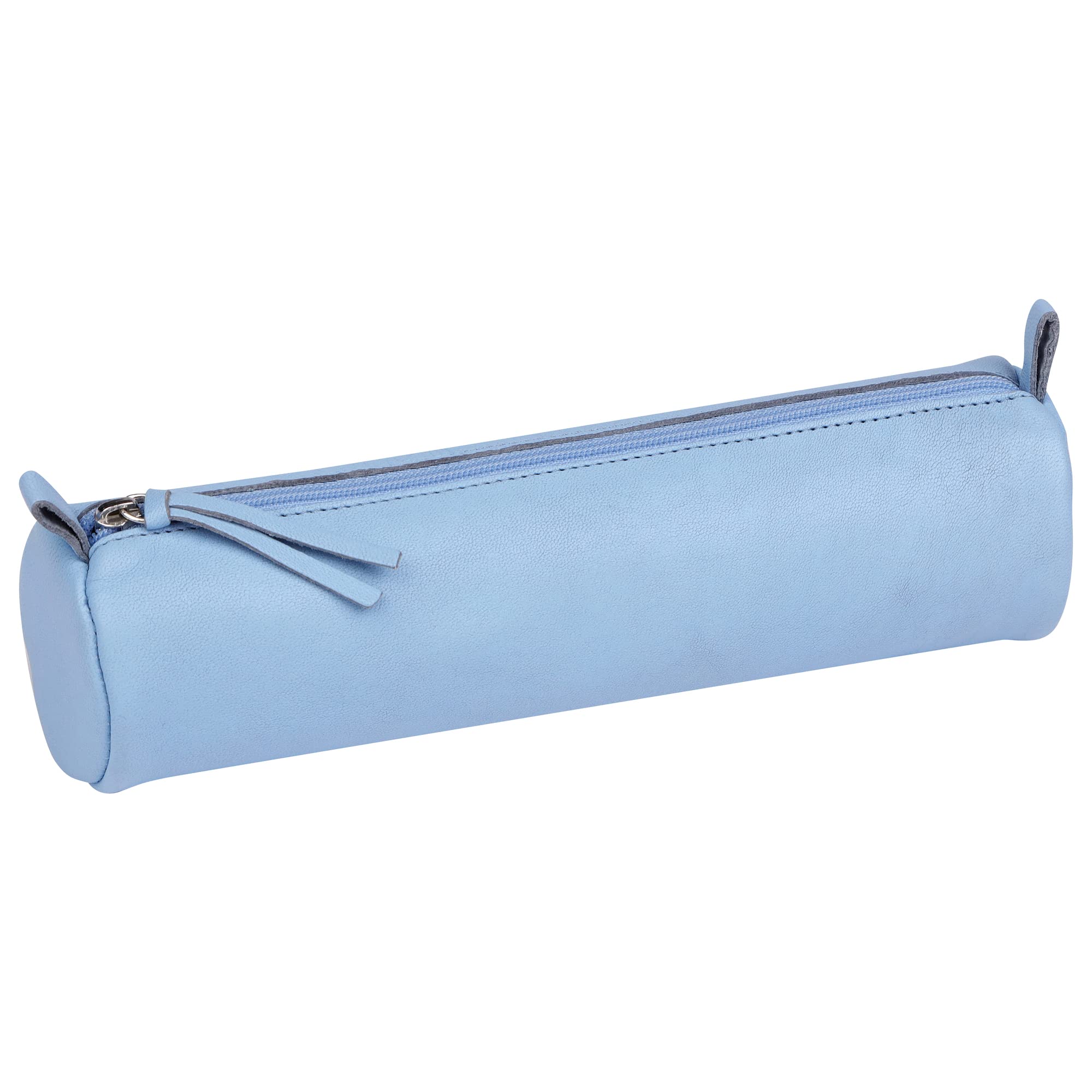 Clairefontaine 410159C - Round Light Blue School Pencil Case Ø5,5x22 cm in Genuine Lambskin Leather - School Supplies - Coloured Pencil Case - Pen Holder