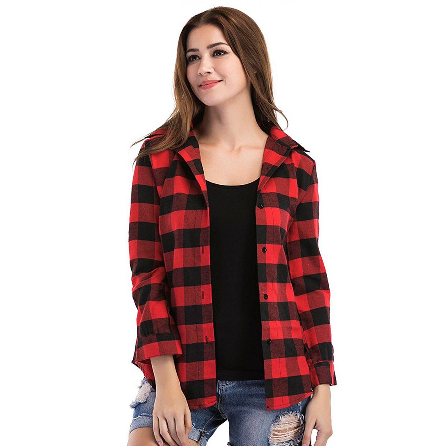 c.cozami women's long sleeves casual white/black/red checkered shirt