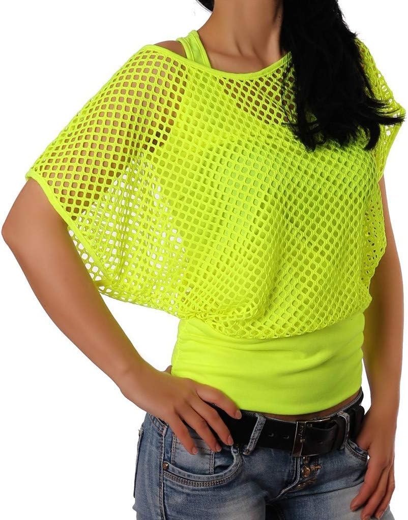 sweetnice Women Blouse Women Sheer Mesh T-Shirt 80S Costumes Fishnet Neon Off Crop Top