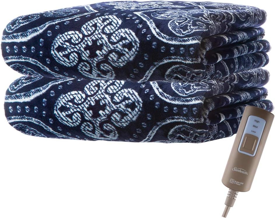 Sunbeam Premium Soft Electric Heated Throw Blanket Velveteen Plush, Washable with 3 Heat Settings and Auto Shut-Off, (Blue Floral)