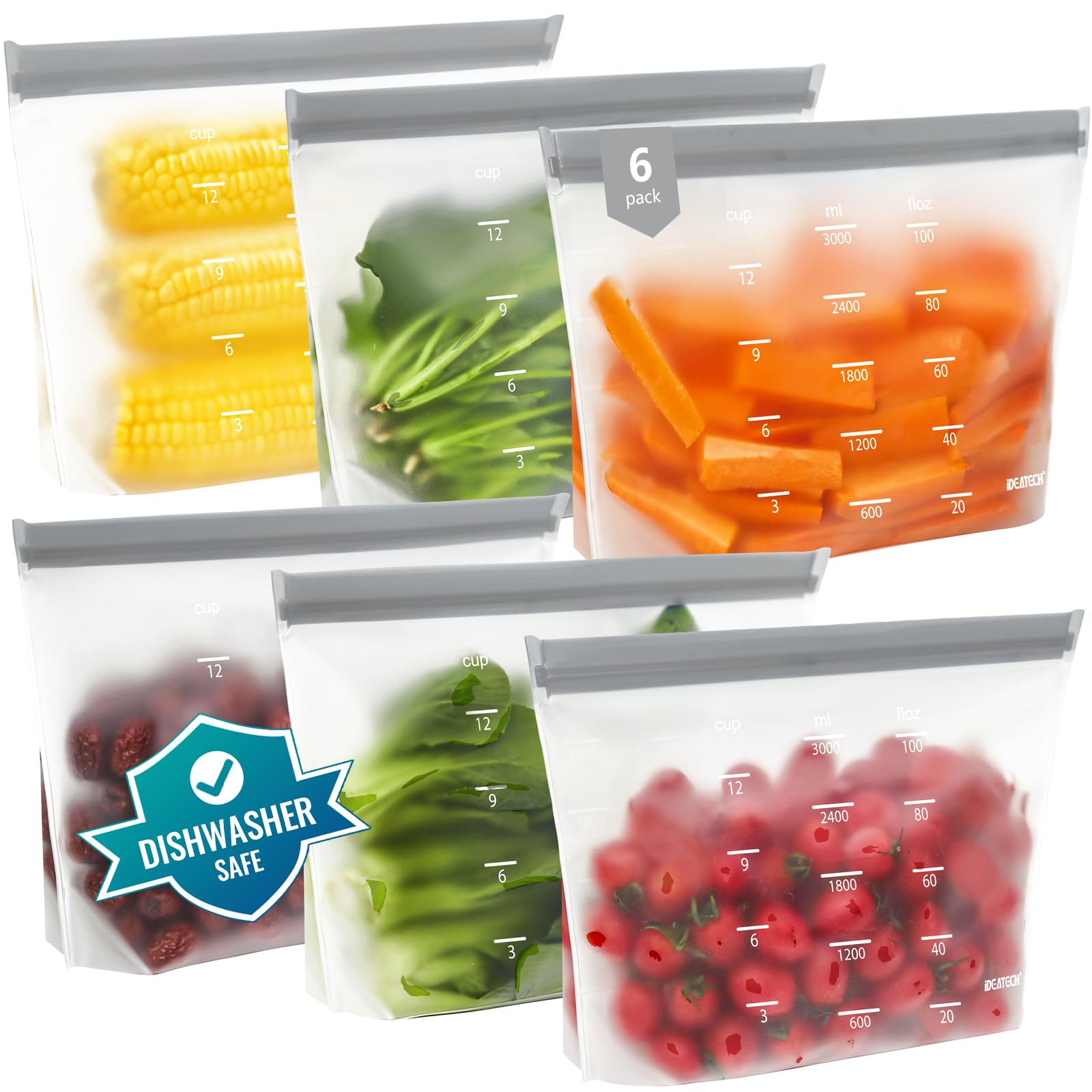 Photo 1 of IDEATECH Reusable Bags Dishwasher Safe, BPA Free Reusable Freezer Bags Stand Up, Leakproof Silicone Bags for Food Storage Containers, Salad Fruit,Vegetables,Traval, Home Organization -Gray 6 Gallon