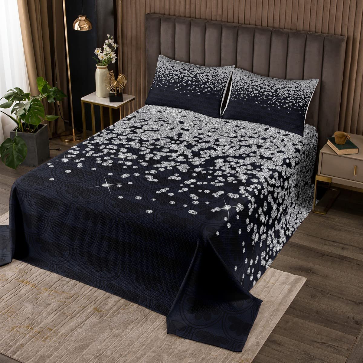 Homemissing Silver Glitter Quilted Bedspread (No Glitter) Bling Partyations Black Coverlet for Kids Boys Girls Teens Diamond Floral Coverlet Set Breathable Single Size