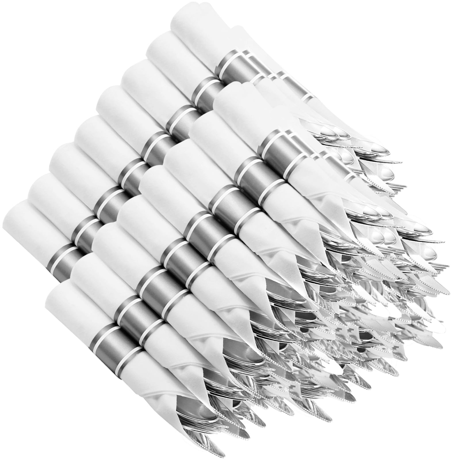 Photo 1 of Joyido 400PCS Pre Rolled Silver Plastic Silverware Sets - Heavy Duty Fancy Silver Cutlery - Include 100 Pack Wrapped Disposable Utensils with Napkins for Parties, Dinners & Weddings