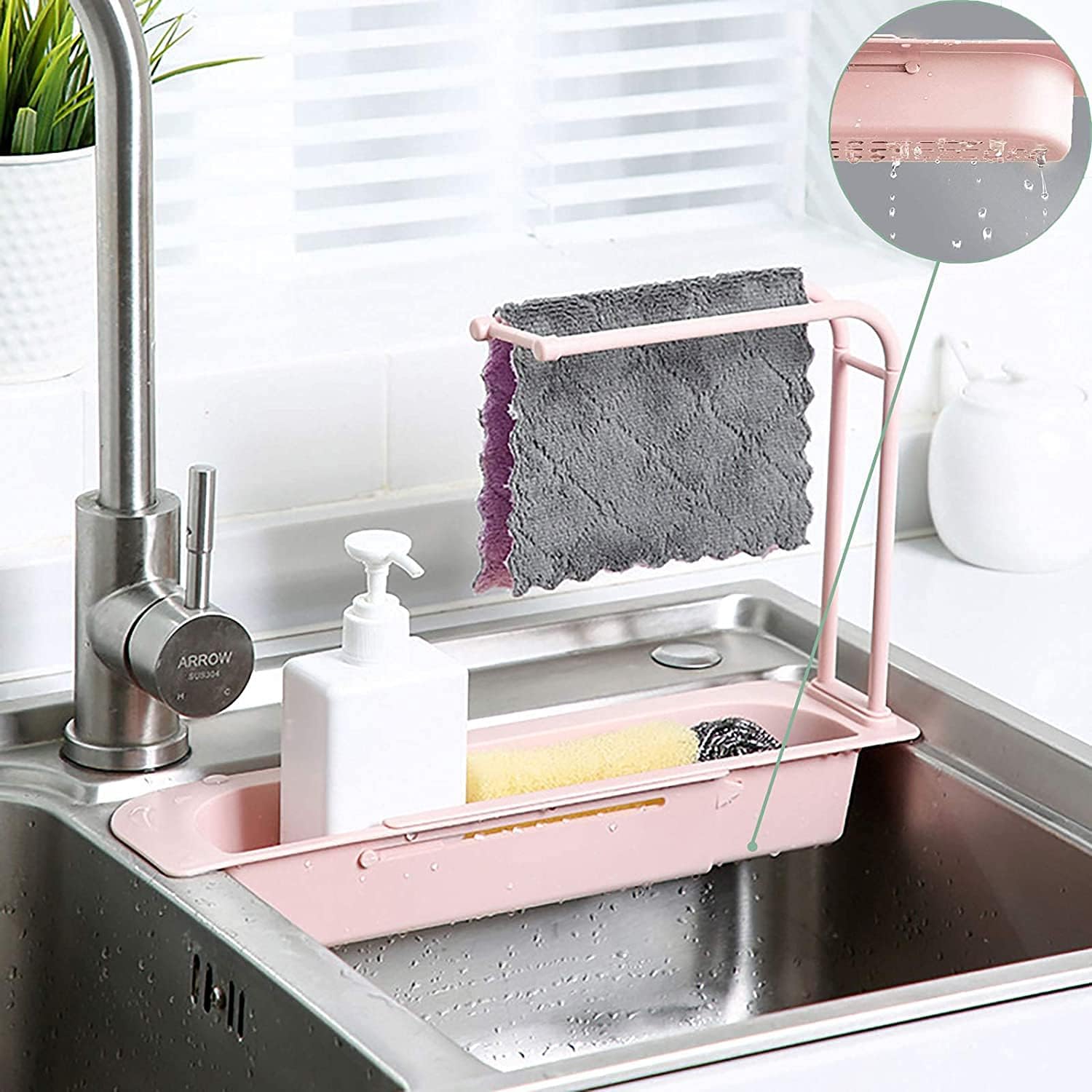 MUAECH Telescopic Kitchen Sink Sponge Holder, Adjustable Length