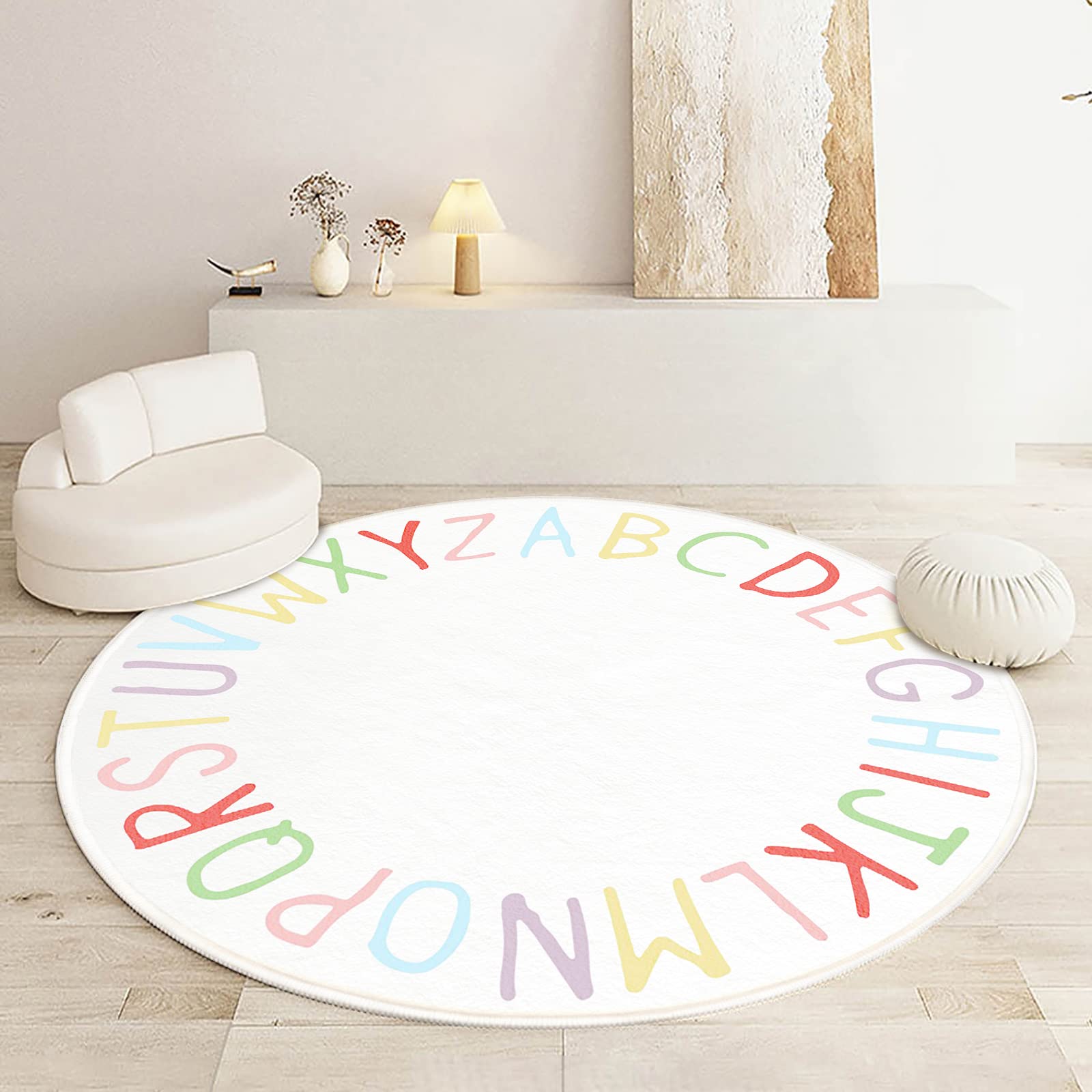 SHIPKEY Round Rug, Round Play Rugs for Kids, Colored Alphabet Nursery Area Rug, Kids Bedroom Rug, Non-Slip Mat, Carpet for Living Room (100x100 cm)