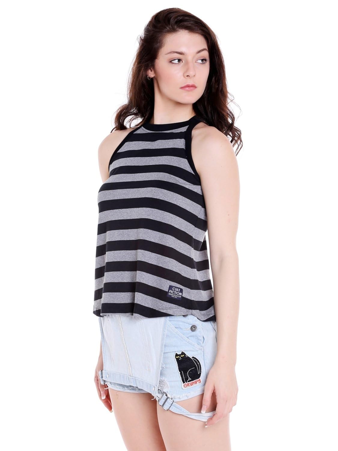 cult fiction high neck black striped cotton t-shirt for women