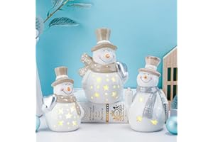Tujoe 3 Pcs Light up White Ceramic Snowman Decor LED Lighted Porcelain Snowman Figurines Tabletop Battery Operated Winter Fireplace Mantel Table Centerpiece Decorations(Vintage)