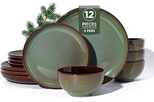 Plates and Bowls Set, POKINI 12 Pieces Stoneware Dinnerware Set, Handmade Reactive Glaze Dish Sets, Scratch Resistan Round Ce