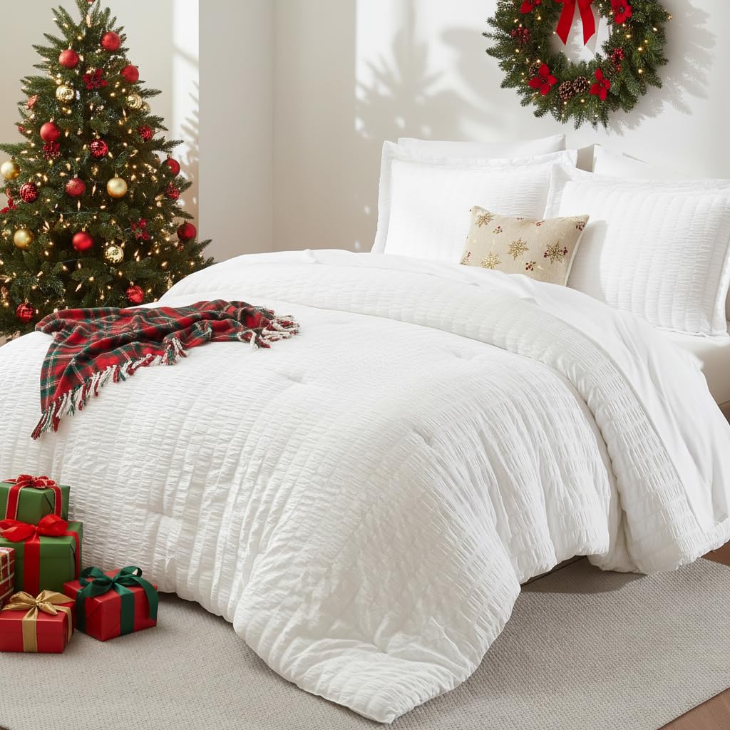 Photo 1 of CozyLux Queen Comforter Set White Seersucker 7 Pieces Bed in a Bag Queen Comforter Set with Sheets, Luxury Soft Bedding Set with Down Alternative Comforter, Sheets, Pillowcases & Shams for All Seasons
