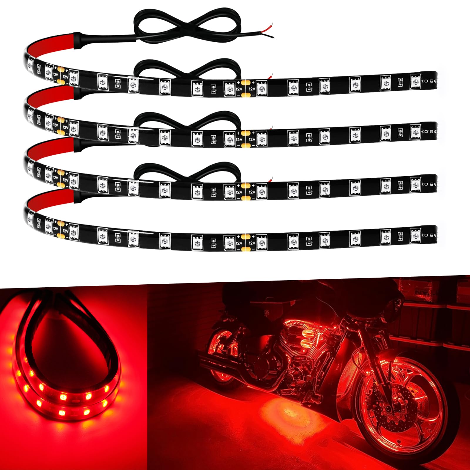 Photo 1 of 12V Led Light Strip 12" Connectable Red LEDs Strip Lights for Cars Motorcycle Golf Cart Boat Marine Waterproof Car Led Strip, 4Pack