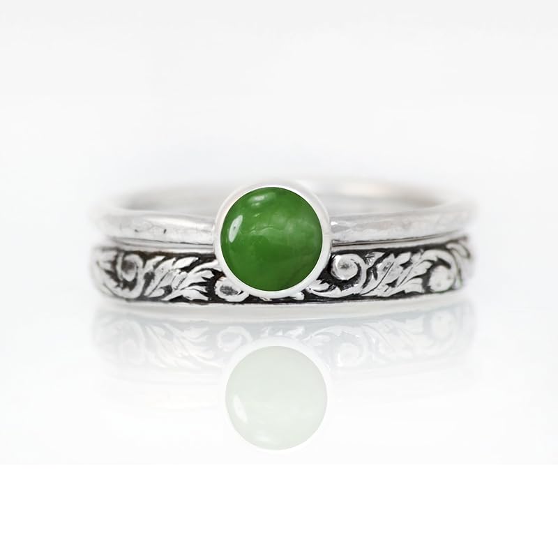 Green Jade Bridal Ring Set, Sterling Silver Nature Inspired