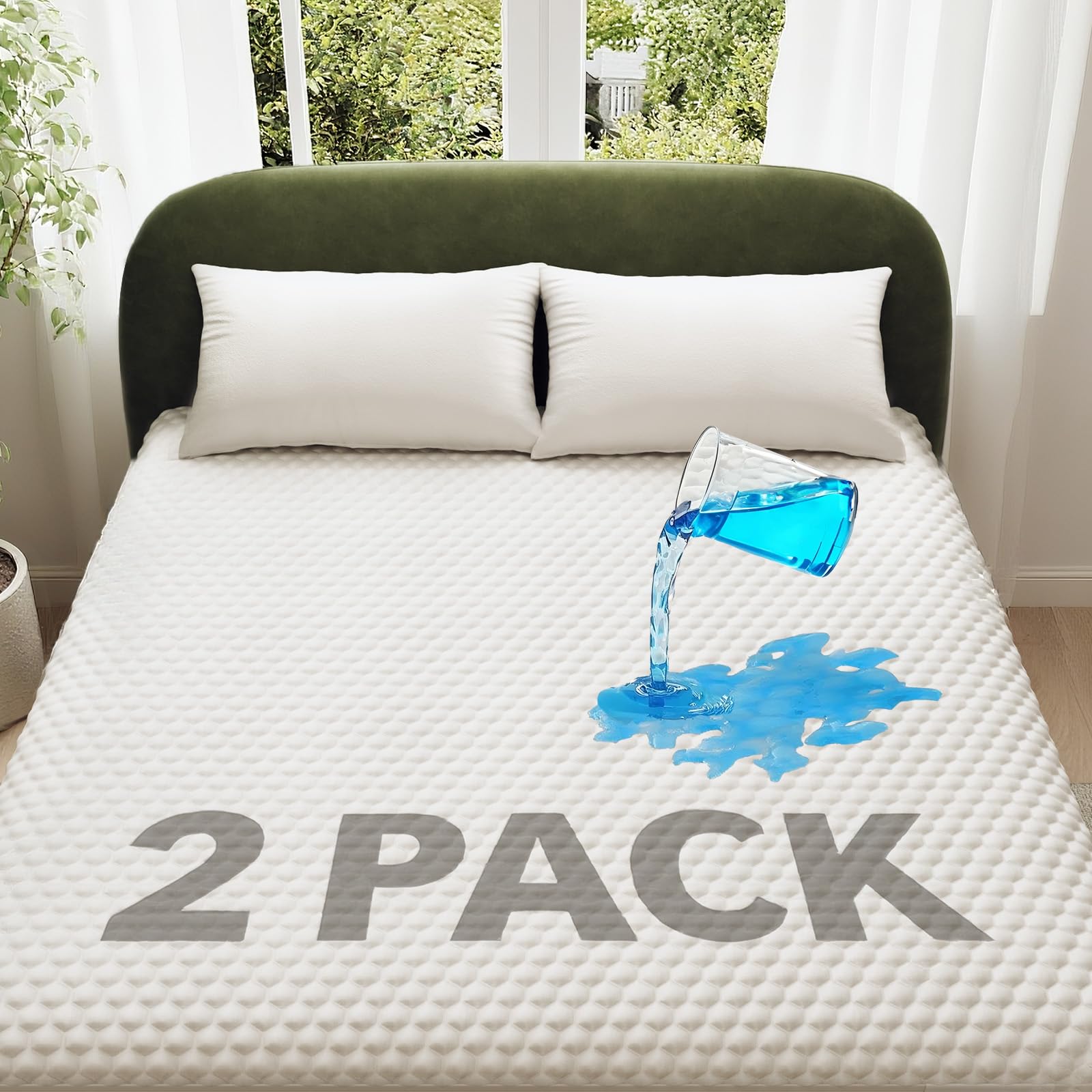 Ohgeni 100% Waterproof Mattress Protector, Queen Size-2 Pack, Fitted Sheet with Stretchable Pockets, Deep Sleep Noiseless Soft. Breathable Cooling Hypoallergenic Material, Mattresses Cover for Bed Image