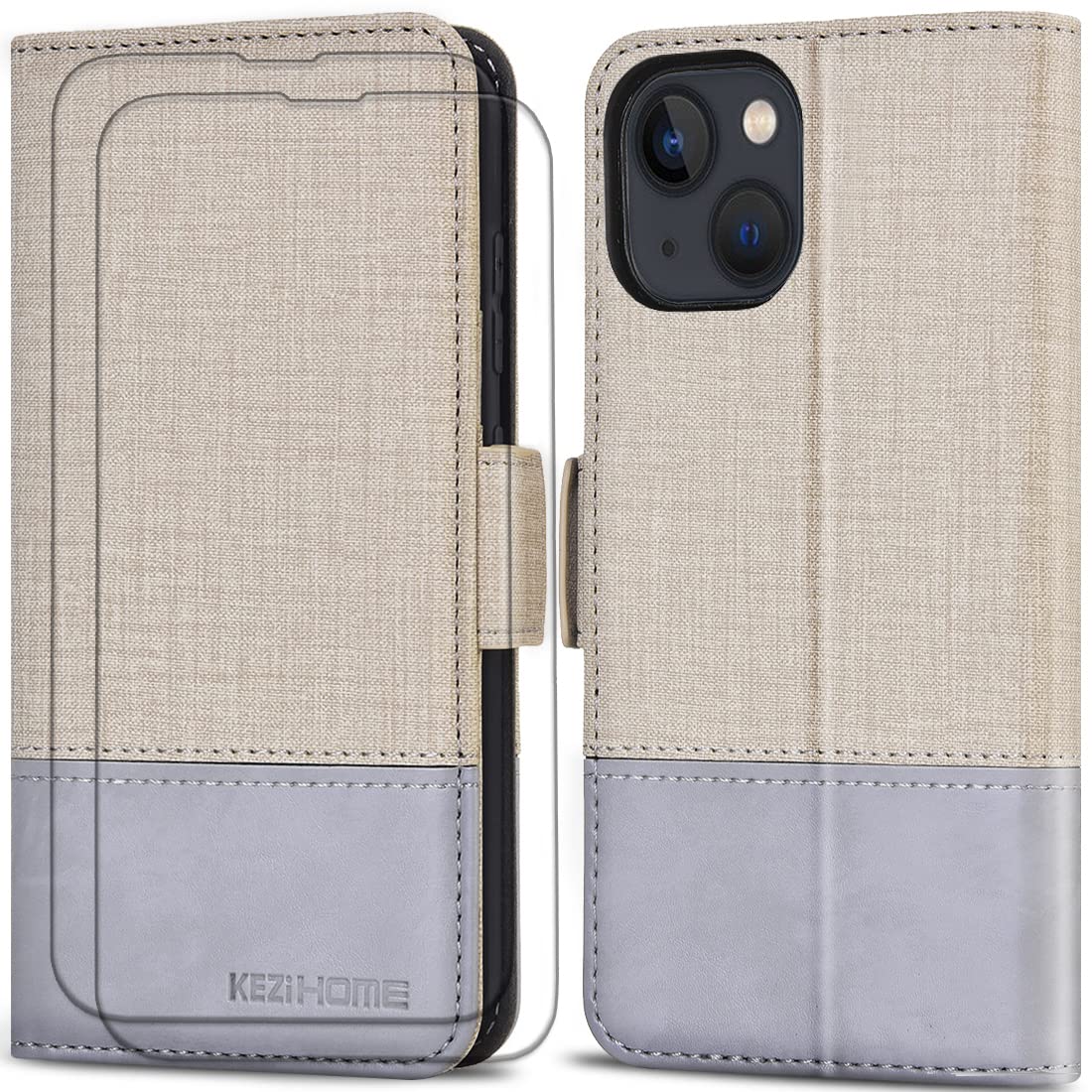 KEZiHOME Wallet Case for iPhone 13, PU Leather [Tempered Glass Screen Protector * 2][Magnetic Closure][RFID Blocking][TPU Shockproof][Kickstand] Flip Cover for iPhone 13 5G (6.1) (Beige White/Gray)