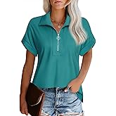 Vivilli Women's Short Sleeve Tops and Blouses Zipper Collar V Neck Business Casual Tops Loose Fit Tunic Shirt Polo Shirts