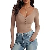 Meetrendi Women's Long Sleeve V Neck Shirt Sexy Henley Tight Slim Fitted Going Out Top Ribbed Button Fall Fashion 2025