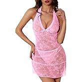 Kolagri Womens Sexy Lace Lingerie Deep V Neck Babydoll Chemise Halter Backless Mesh Sheer Sleepwear Dress Nightgown