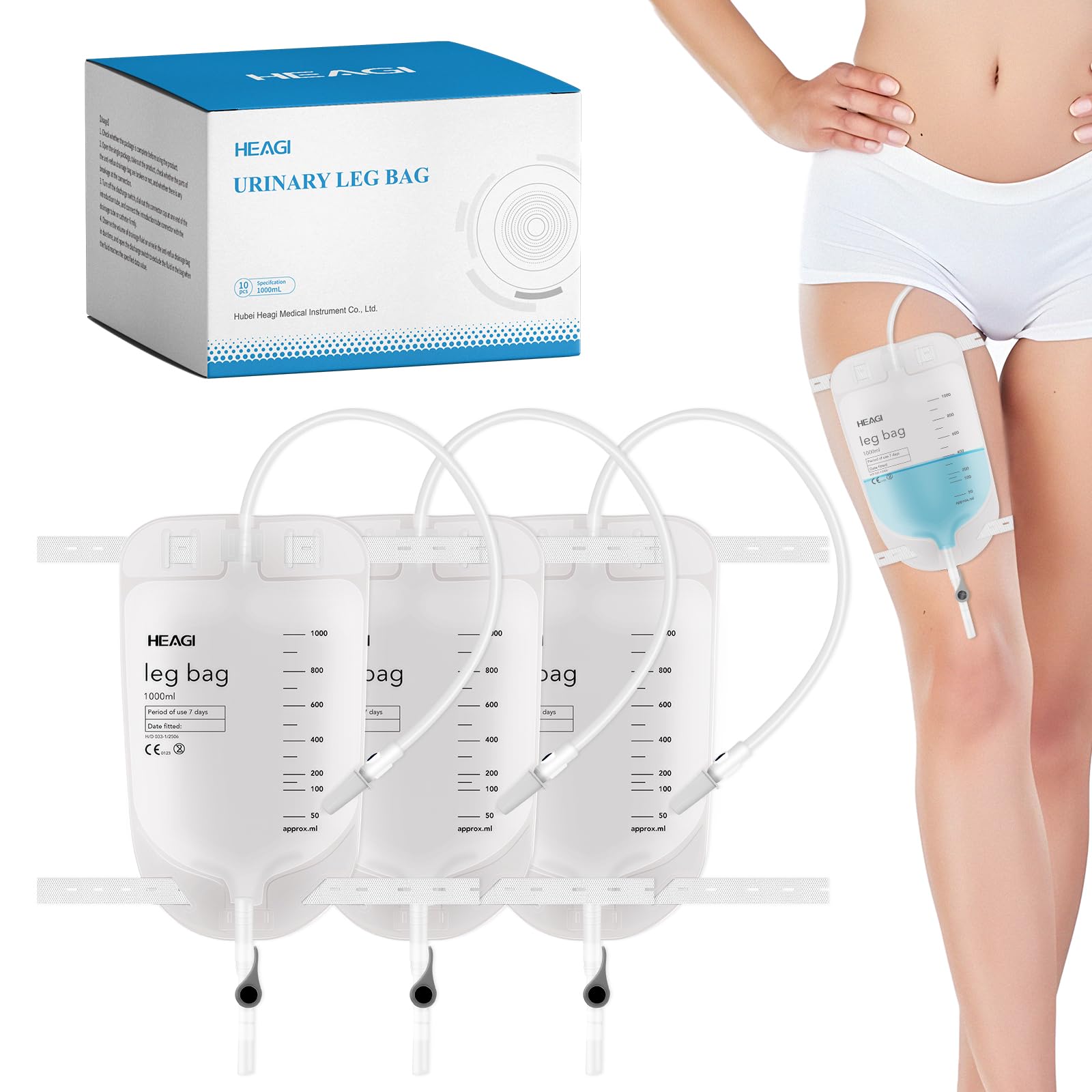 Photo 1 of 10 Pack 1000ml Catheter Leg Bags, Urinary Drainage Bag with Anti Reflux Valve, 18” Tubing and Adjustable Cloth Straps, Easy Flip Drain, Catheter Bags for Men, Women