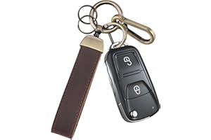 Teskyer Genuine Leather Car Keychain - Heavy Duty Key Chain with Anti-Lost D-Ring and Carabiner Clip for Home & Car Keys