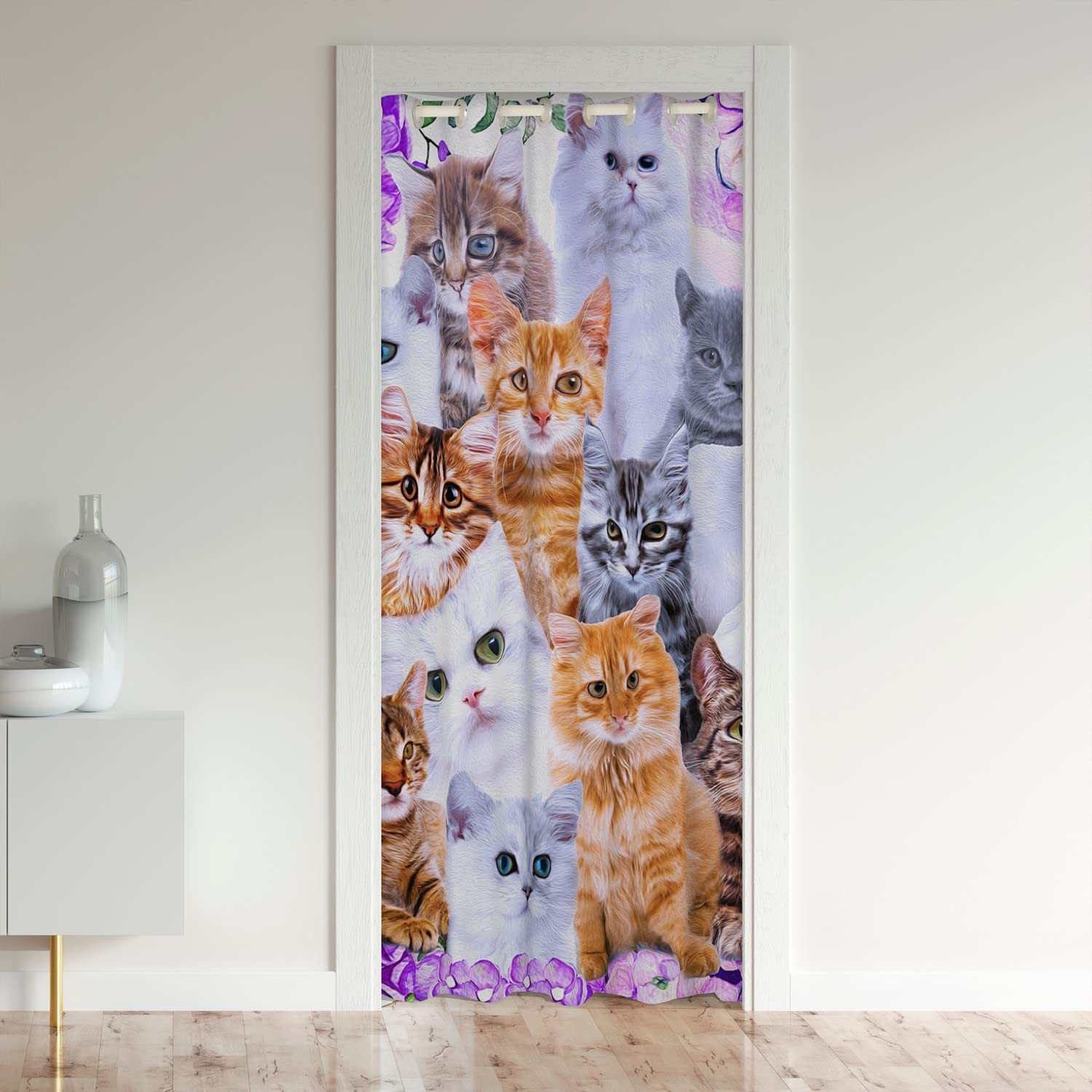Loussiesd Cat Decorative Door Curtain for Doorway Privacy - Soft Cats Window Treatments - Floral Blossom Purple 30%-50% Room Darkening Blackout Curtains 106x203cm