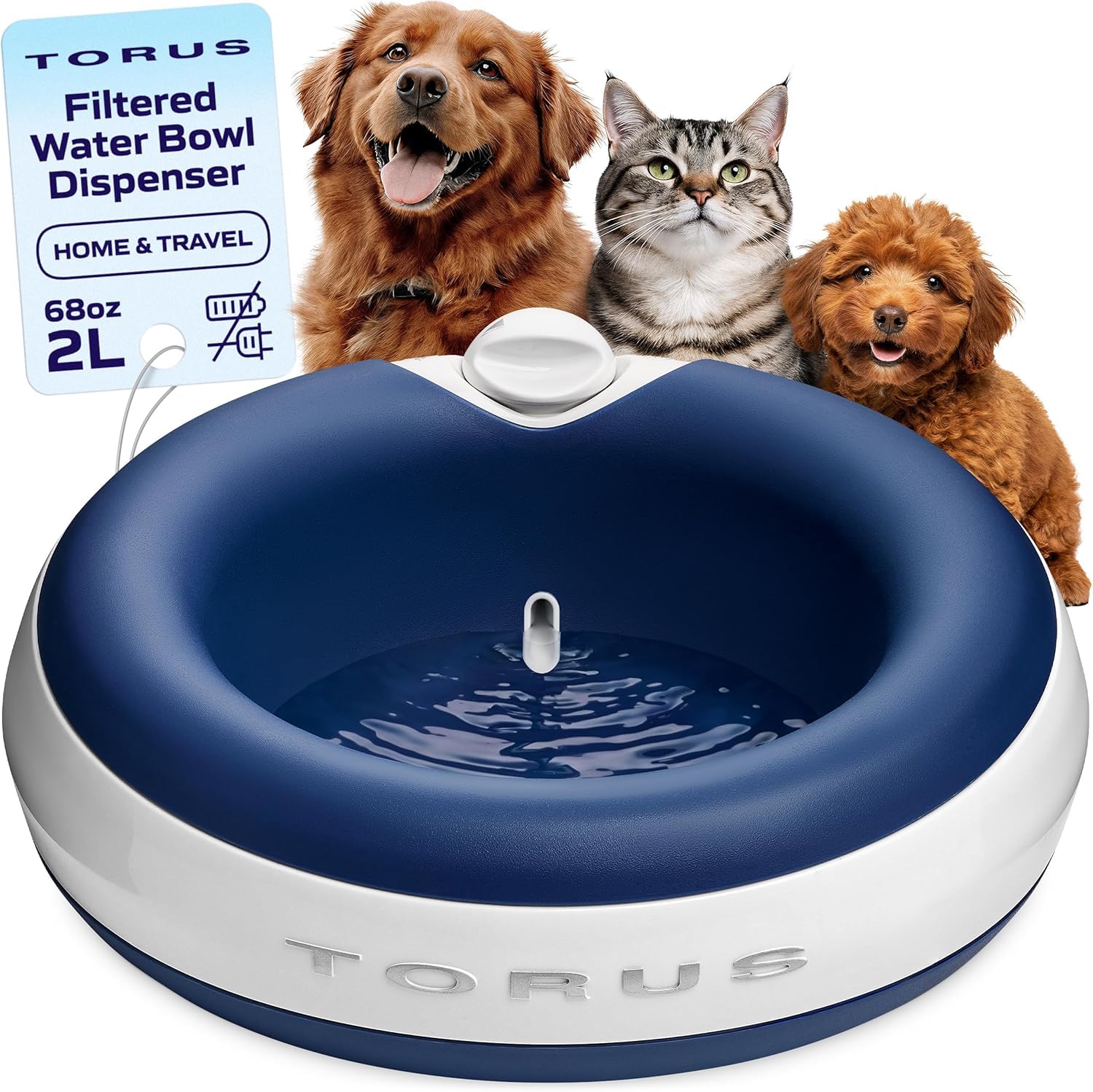 Torus Pet Portable Cordless Water Dispenser | 2-Liter | Fresh Filtered Water | Healthy & Hygienic Pet Water Dispnenser | for Larger Dogs and Multi-Pet Homes - Blue