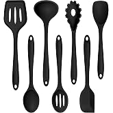 TeamFar Silicone Cooking Utensil Set of 7, Kitchen Cooking Utensil Set | Black Kitchen Tools Turner Spoon Spatula Ladle Pasta Server for Nonstick Cookware, Healthy &amp; Heat Resistant &amp; Dishwasher Safe