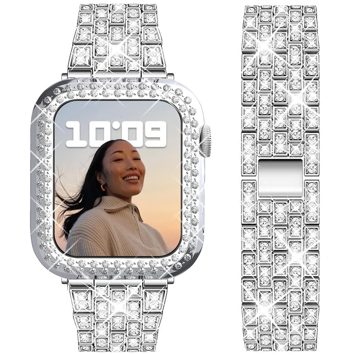 DEALELE Bands and Case Compatible with Apple Watch Series 6/5 / 4 / SE (40mm), Bling Rhinestone Diamond Metal Strap with Protective Case Cover Replacement for iWatch 40mm Women Men (Silver)