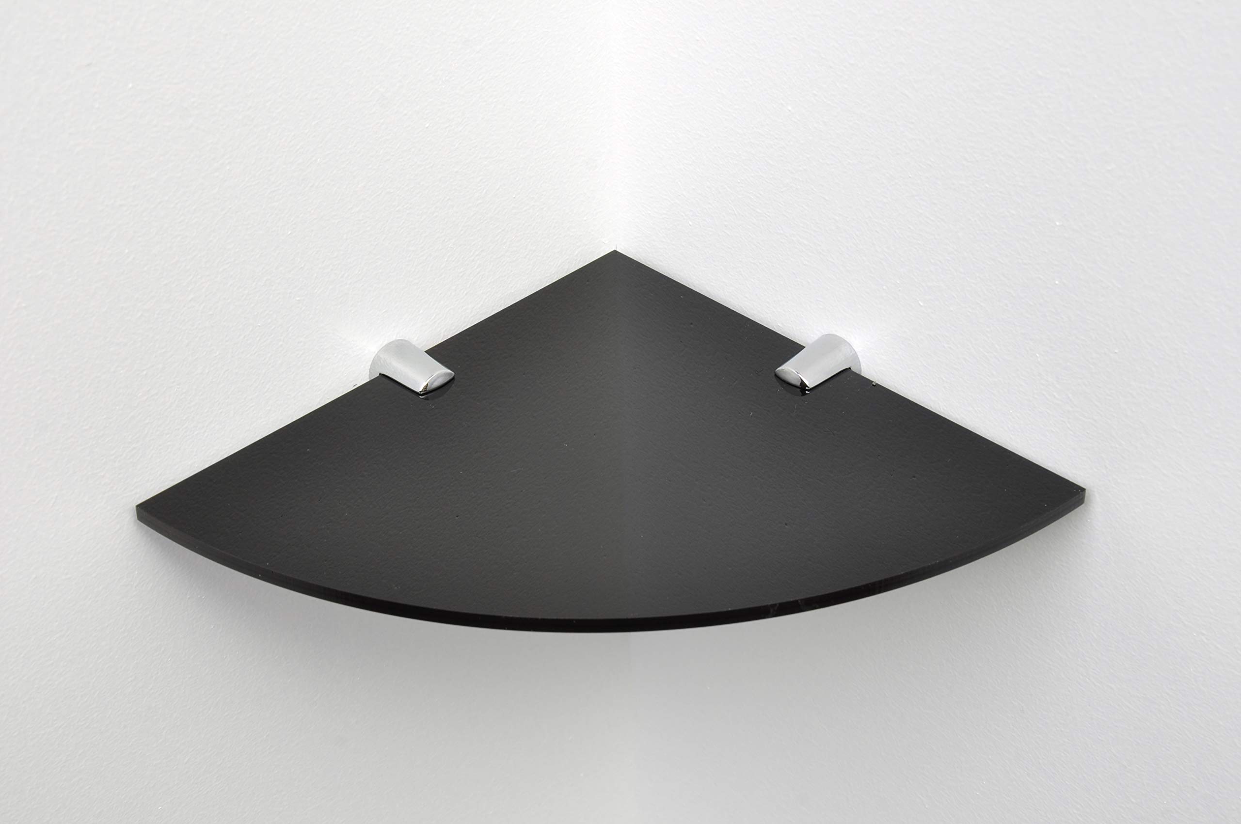 BSM Marketing Wall Mounted Floating Acrylic Corner Shelf with Chrome Supports available in Clear, Black and White (Black, 240mm x 240mm) 9N-4GWP-L2DO