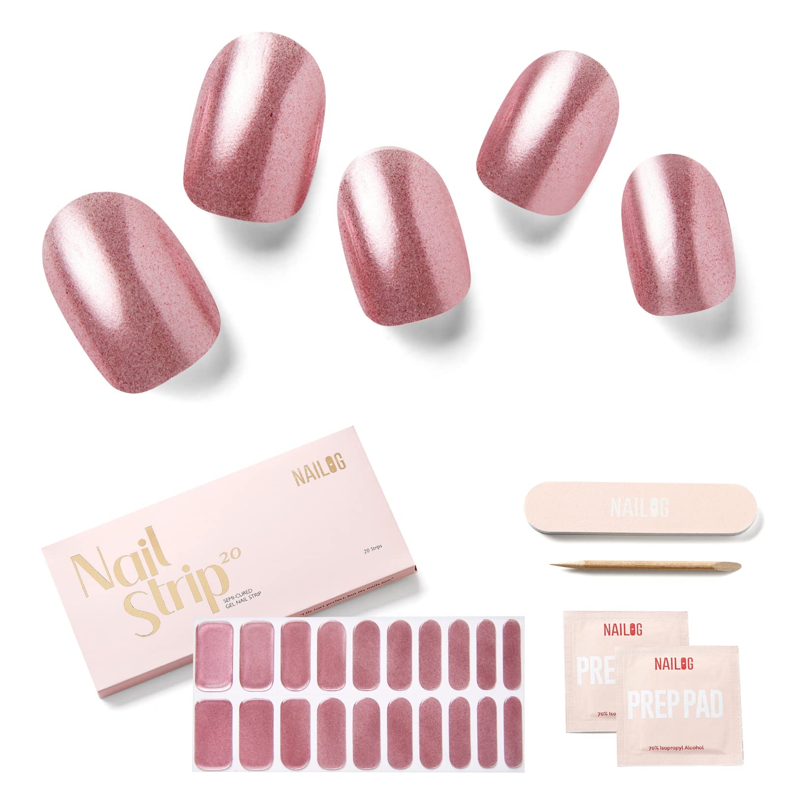 NAILOG Semi Cured Gel Nail Strips Glossy & Long Lasting Soft Gel Finish (20 Extra Long Stickers) |Wraps| Cover Girl — image 1