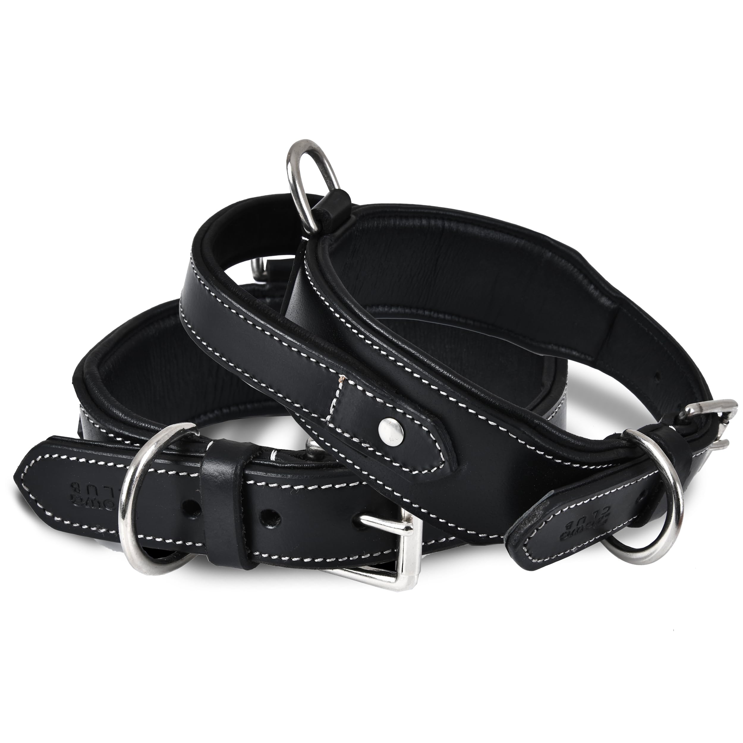 DowgClub | Tactical Dog Collar with Handle, Genuine Saddle Grade Leather Heavy Duty | Comfortable, Padded, Strong | Best for Medium, Large & X-Large Breeds (XL (Fit Neck Size 22"-26"), Black)