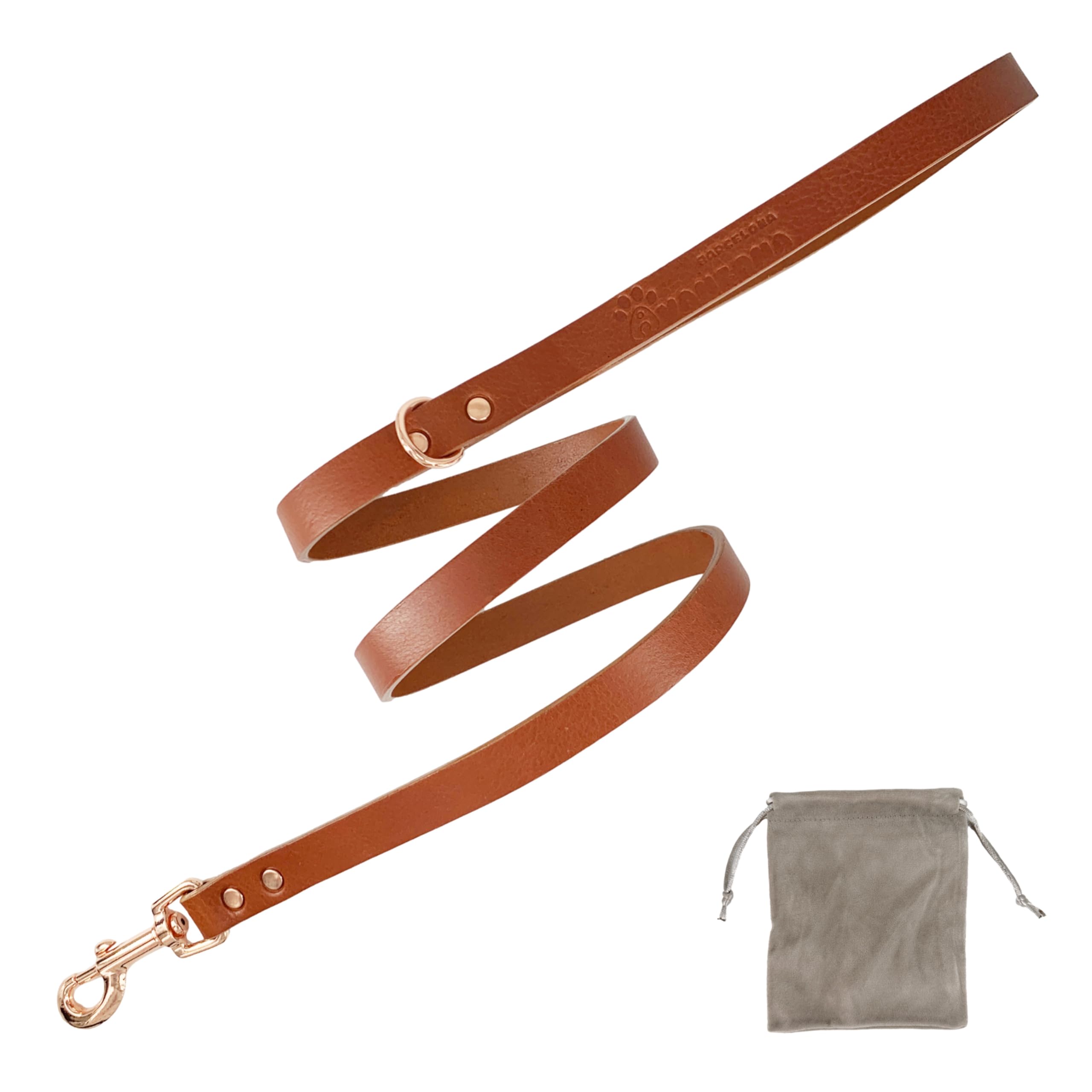 Handcrafted full-grain leather dog leash, handmade in Spain, for small, medium, and large dogs.