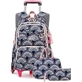 YJMKOI 3PCS Heart Print Rolling Backpack for Girls Colorful Elementary Trolley School Bags Kids Book Bags Set with wheels