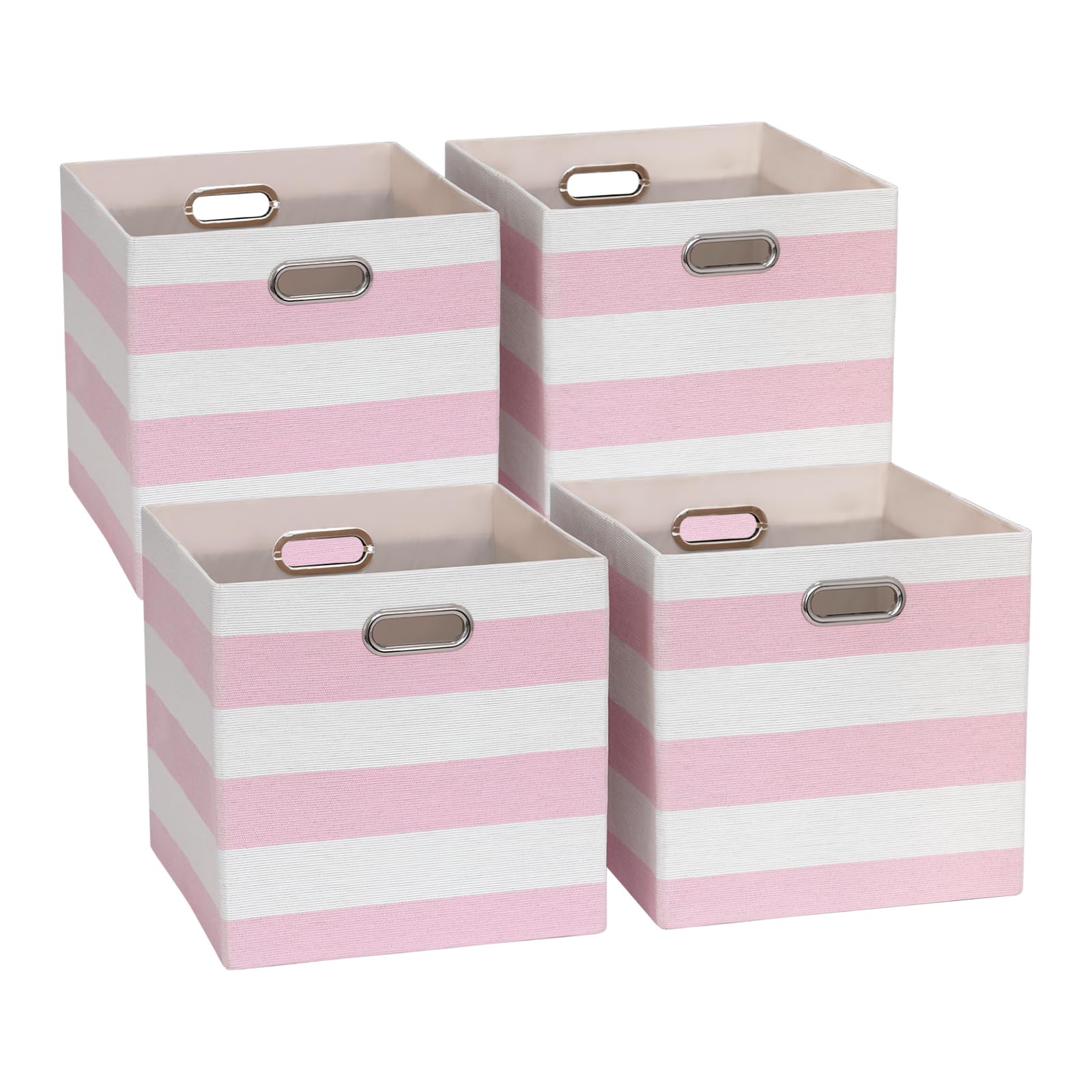 ORGMASTER Cube Storage Bins, Collapsible Fabric Storage Cubes, Cubby Storage Organizer Bins Striped Container Baskets for Home Office Wardrobe Closet Shelf, 4 Pack, 28 x 28 x 28 cm, Pink/White