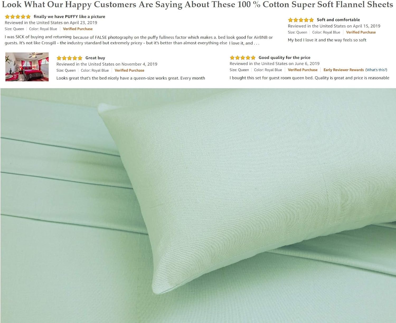 Ruvanti 100% Cotton 4 Piece Flannel Sheets King-Deep Pocket-All Seasons-Warm-Super Soft-Green-Breathable & Moisture Wicking Flannel Bed Sheet King Include Flat, Fitted Sheet & 2 Pillowcases: Home & Kitchen